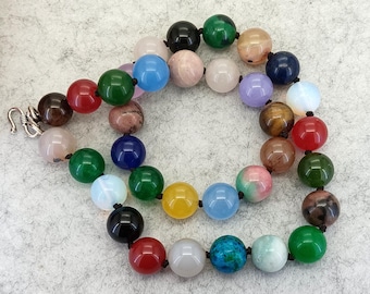 Multicolor Gemstone Ball Bead Necklace: Jade, Agate, Opal, Lapis Lazuli