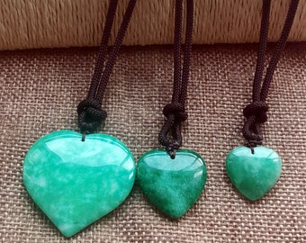 Green Jade Heart Pendant Necklace: Adjustable Brown Cord Amulet