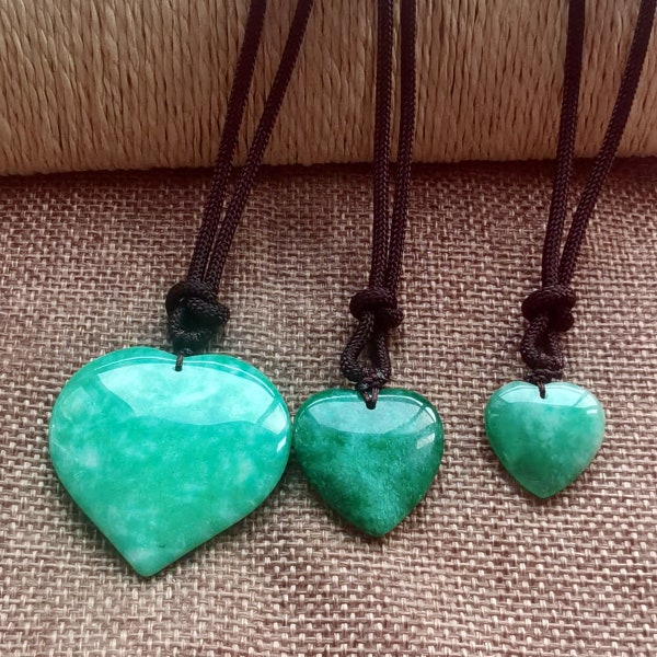 Green Jade Heart Pendant Necklace: Adjustable Brown Cord Amulet