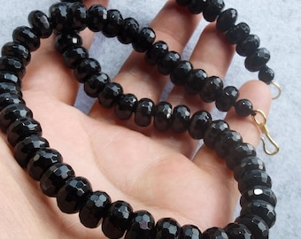 Faceted Black Agate Beaded Necklace: Hand Knotted, 18 inch