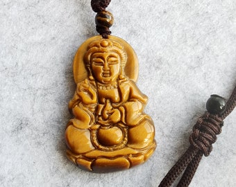 Colgante de guanyin de ojo de tigre amarillo natural con collar ajustable de cable longitud de 16-28 pulgadas