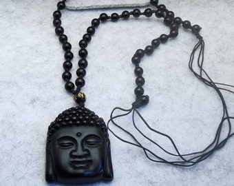 Black Obsidian Buddha Pendant Necklace: Hand-Knitted Agate Beads