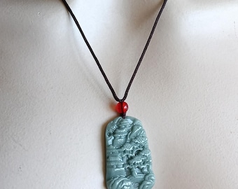Natural Jadeite Pendant Necklace Carved Landscape with Brown Cord adjustable Jade Necklace