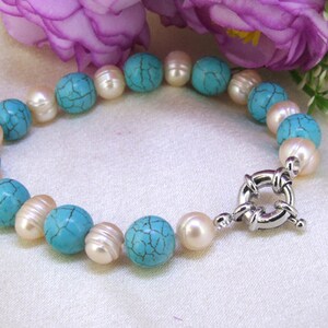 8 "10 mm charme perles turquoises roses perles d'eau douce bracelet noué charme rond turquoise bijoux