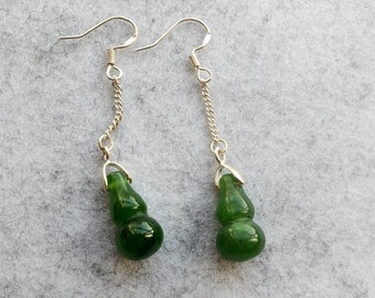 925 Sterling Silver Ear Hook Green Nephrite Jade Gourd Earrings Noble and Elegant Earrings Attend party