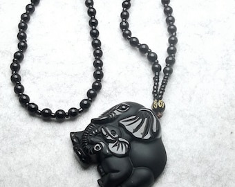 Black Obsidian Pendant Carved Mother Child Elephant Obsidian Healing Crystal Pendant Necklace Black Obsidian beaded Chain 24 Inches