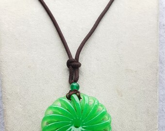 Green Malay Jade Pendant Hand woven Brown Cord Necklace Adjustable 18 to 26 Inches
