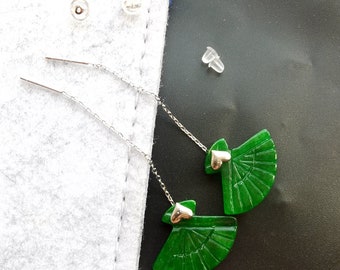 925 Sterling Silver Ear Threads Green Jade Fan Earrings Noble and Elegant Earrings Attend party