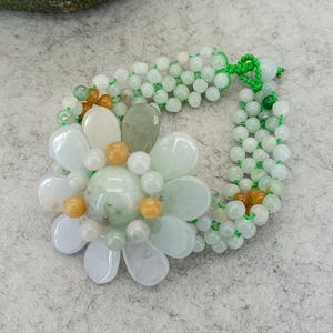 Natural Jadeite Charm Flower Bracelet Bracelet Hand woven Cord clasp Bracelet 7 inches