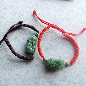 Natural Jadeite Carved Pixiu 貔貅 ,Handmade Brown/Red cord Bracelet 6 to 10 inches Adjustable,Natural Green Jade Pixiu Bracelet