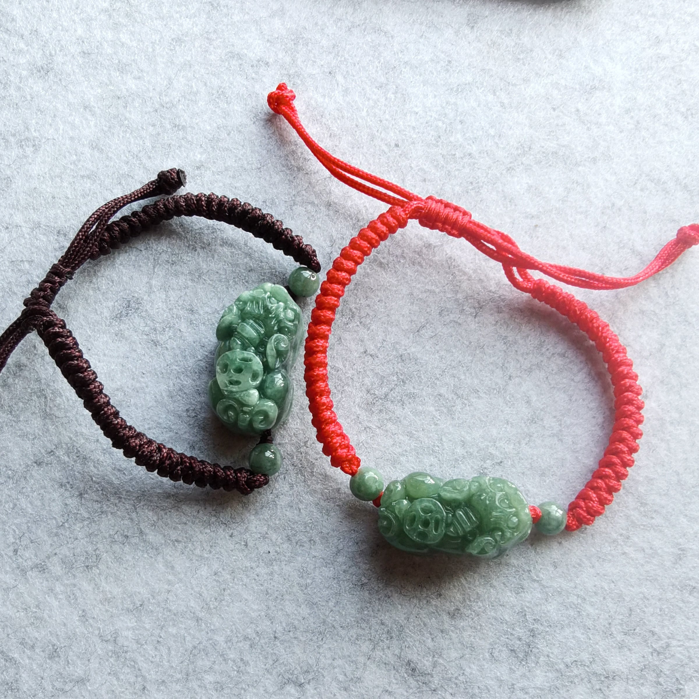 Handmade Jadeite Pixiu Bracelet: Adjustable Silk Cord
