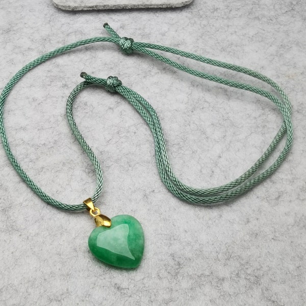 14” to 26" Green Jade Heart shape Pendant handmade Green Cord Necklace Jade Peach Amulet Adjustable Necklace