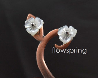 Carved Shell Flower Stud Earrings: 925 Sterling Silver, Bougainvillaea