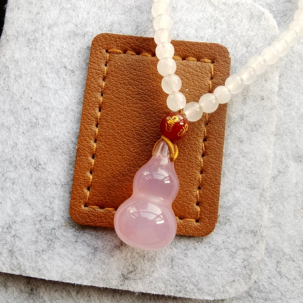 Natural Pink Chalcedony Gourd Pendant with Beaded Chain Adjustable Necklace Length 16-28 inches