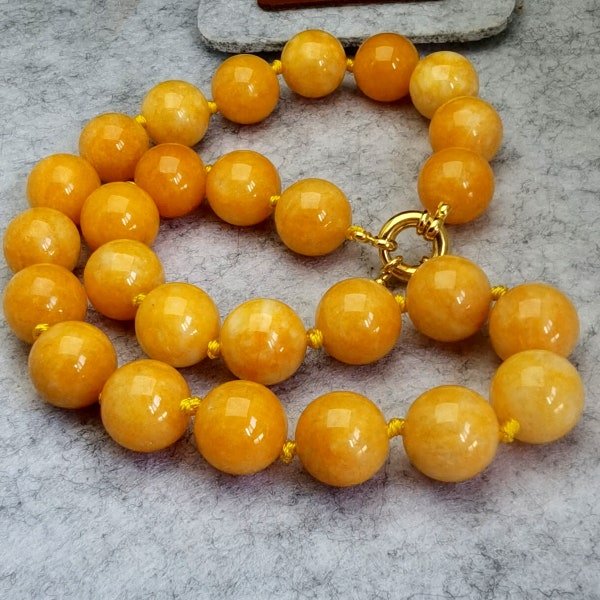 18” Candy Yellow Jade Round Beads Men Women Necklace Hand knotting Healing Reiki Necklace