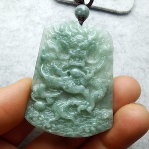 Natural Jadeite Pendant Carved Chinese Dragon Jade Amulet Adjustable Necklace Length 16-28 inches