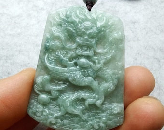 Natural Jadeite Pendant Carved Chinese Dragon Jade Amulet Adjustable Necklace Length 16-28 inches