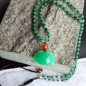 Green Jade Round knoted Beads Necklace Green Jade Crab Pendant length adjustable 22-30 inches