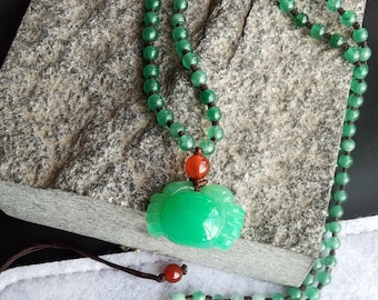 Green Jade Crab Pendant Necklace: Knotted Bead Strand, Adjustable Length