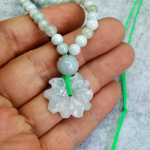 Natural Jadeite Round Grade A Beads Men Women Adjustable Necklace with Jadeite Flower Pendant