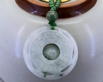 Natural Jadeite Pendant Necklace Carved Donut 平安扣 with Cord Jadeite Necklace