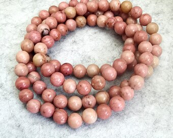 Natural Rhodonite Bracelet: Pink Round Beads, Elastic Yoga Jewelry