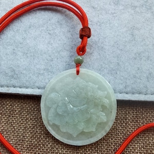 Natural Jadeite Pendant Carved Flower 花开富贵 Pendant Blessing with Red Cord Necklace Length 25 inches