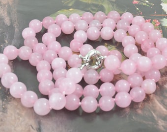 Knotted Pink Rose Jade Necklace: 10mm Round Bead Lariat