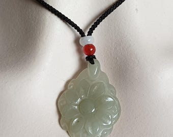 Natural Nephrite Jade Flower Pendant Cord Necklace adjustable 14-26 inches