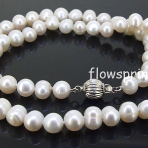 17&quot;/ 32&quot; 7mmx8mm Charm Luster Baroque White Real Freshwater Pearl  Beads Knotted  Larite Necklace Charm Round Pearl Jewelry
