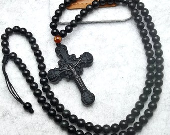 Black Obsidian Cross Pendant Necklace: Agate Beaded Chain, Adjustable