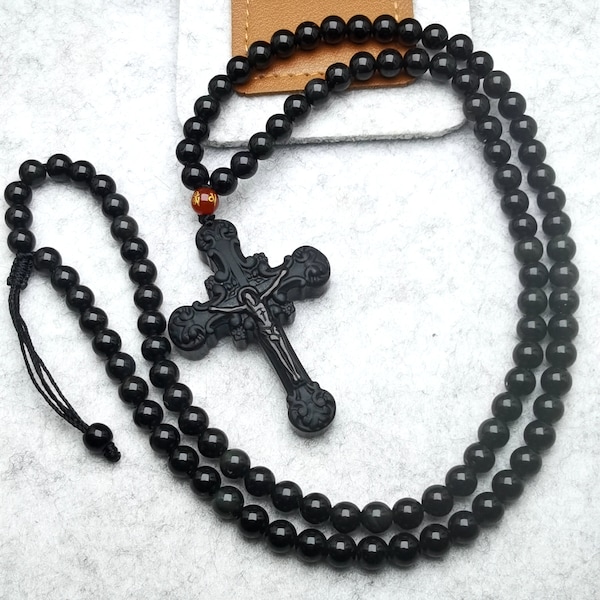 Black Obsidian Pendant Religious Culture Cross Obsidian Healing Crystal Pendant Necklace Black Agate beaded Chain Adjustable 24 to 28 Inches