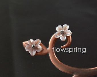 Carved Shell Flower Earrings: 925 Silver Studs, Pink Yellow Platycodon