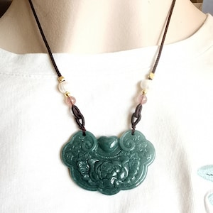 Natural Jadeite Pendant Carved Flower Longevity lock 花开富贵 长命锁 with Chain Adjustable Necklace Length 16-28 inches