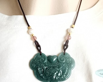Natural Jadeite Pendant Carved Flower Longevity lock 花开富贵 长命锁 with Chain Adjustable Necklace Length 16-28 inches