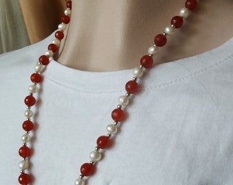 Red Agate & White Pearl Beaded Necklace: Gemstone Jewelry
