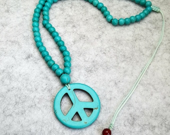 Howlite Turquoise Bead Necklace: Adjustable Peace Pendant
