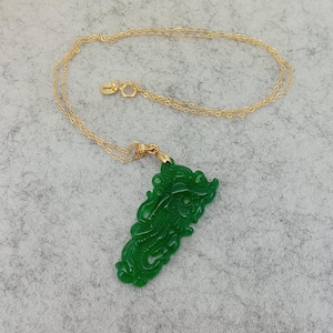 Candy Green Jade Hollowed Dragon Jade Pendant Necklace with 925 Silver Plated Gold Chain and Hook Necklace