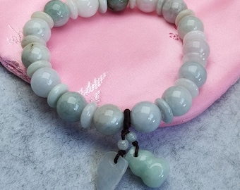 Natural Burma Jade Beaded Stretch Bracelet with Gourd Pendant