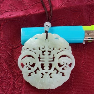 Untreated Light Green Jade Pendant handmade Cord Necklace Bat Ruyi Longevity Amulet
