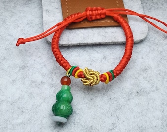 Hand Woven Red Cord Bracelet: Green Jade Gourd Pendant