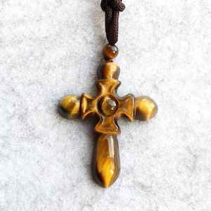 Natural Yellow Tiger Eye Stone Cross Pendant Adjustable Necklace Length 16-28 inches