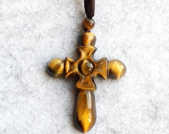 Natural Yellow Tiger Eye Stone Cross Pendant Adjustable Necklace Length 16-28 inches