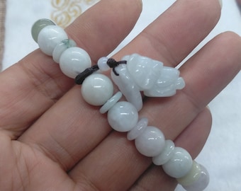 Natural Jadeite 10mm Bead Bracelet  ,Carved Pixiu and leaf Burma Jade Handmade Stretch Bracelet