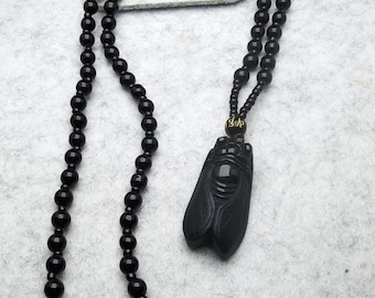 Colgante de obsidiana negra Cigarra tallada Obsidiana Collar colgante de cristal curativo Cadena de cuentas de ágata negra 24 pulgadas
