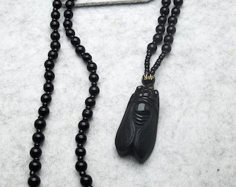 Carved Black Obsidian Cicada Pendant: Healing Crystal Agate Necklace