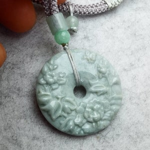 Natural Jadeite Pendant Carved Flower Hoop Pendant 花开富贵 with Chain Adjustable Necklace Length 16-28 inches