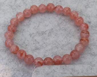 Natural Light Red Agate Bracelet Round Beaded Elastic Bracelet Healing Reiki Bracelet 7 inch