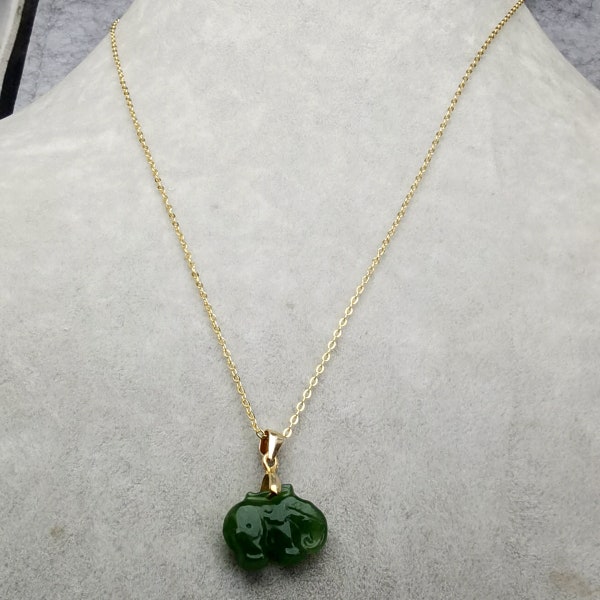 Natural Green Nephrite Jade Elephant Pendant with 925 Silver Plated Gold Chain Necklace