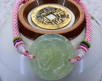 Natural Light Green Jade Charm Flower Bracelet Handwoven Cord Bracelet Adjustable